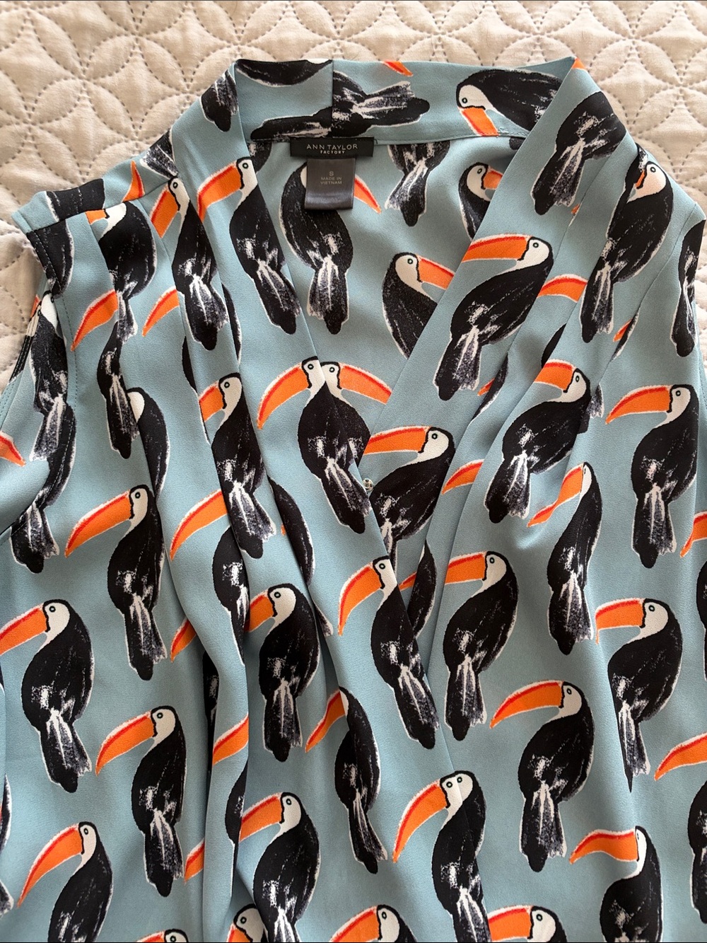 Ann Taylor Girls' Toucan Print Blouse in Teal and Orange